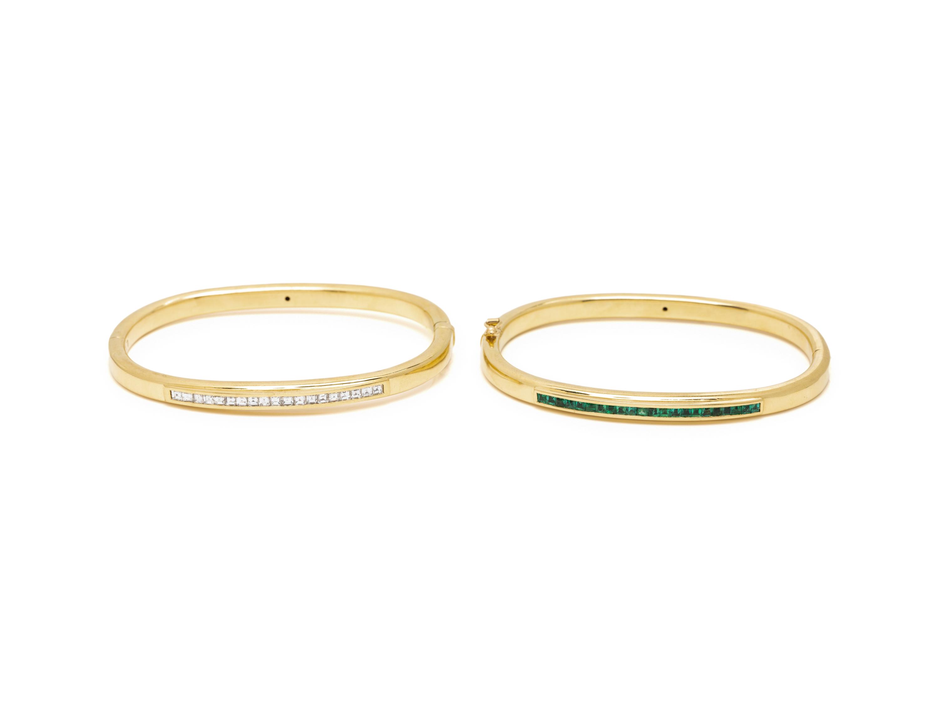 PAIR OF YELLOW GOLD AND GEMSTONE BANGLE BRACELETS
