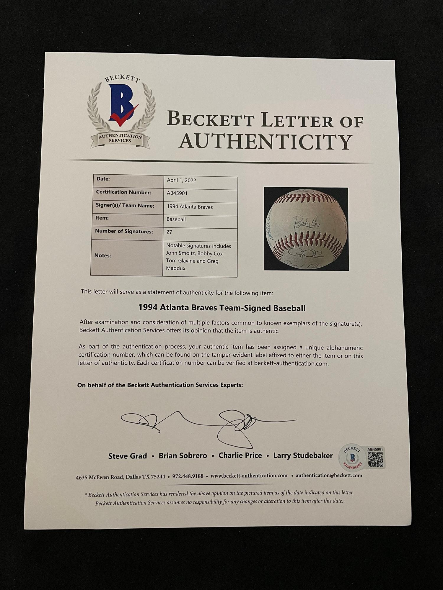 A 1994 Atlanta Braves Team Signed Autograph Baseball With 27 Signatures (Beckett Authentication Services Letter BAS Certified),