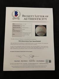 A 1994 Atlanta Braves Team Signed Autograph Baseball With 27 Signatures (Beckett Authentication Services Letter BAS Certified),