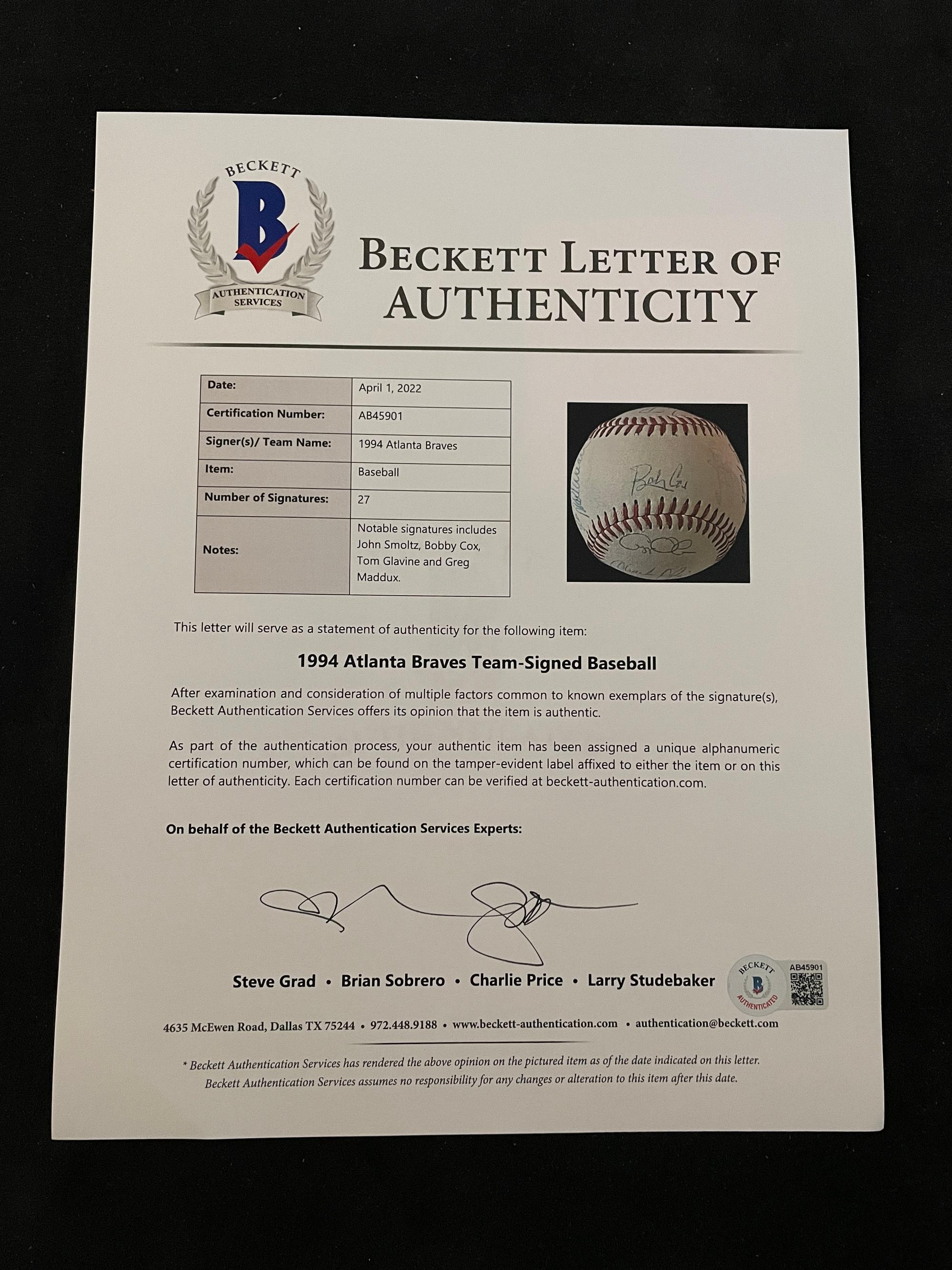 A 1994 Atlanta Braves Team Signed Autograph Baseball With 27 Signatures (Beckett Authentication Services Letter BAS Certified),