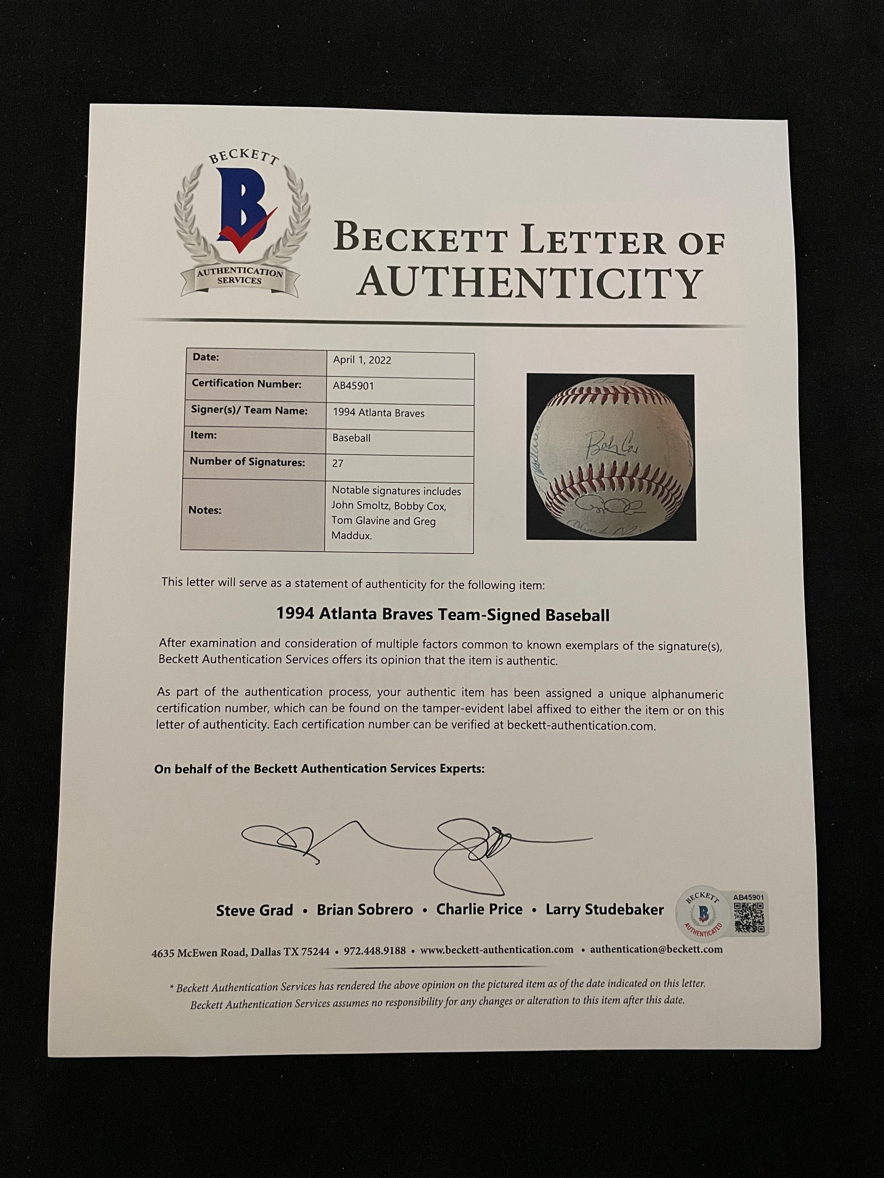 A 1994 Atlanta Braves Team Signed Autograph Baseball With 27 Signatures (Beckett Authentication Services Letter BAS Certified),