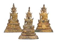 Three Thai Gilt Bronze Figures of Buddha Height of tallest 7 1/2 inches. — 18TH/19TH CENTURY