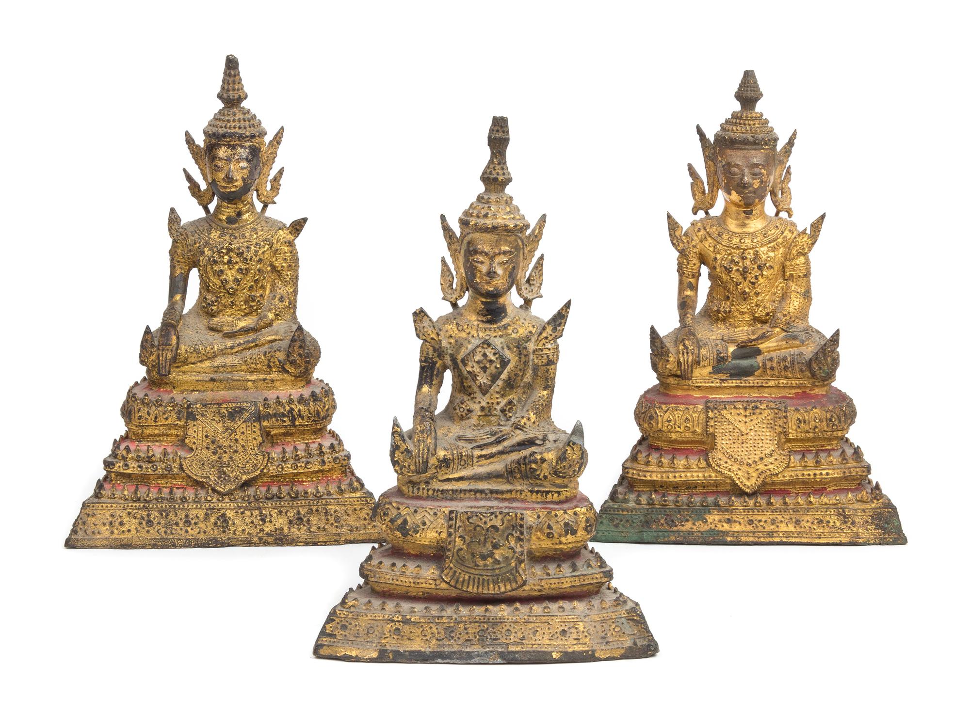 Three Thai Gilt Bronze Figures of Buddha Height of tallest 7 1/2 inches. — 18TH/19TH CENTURY