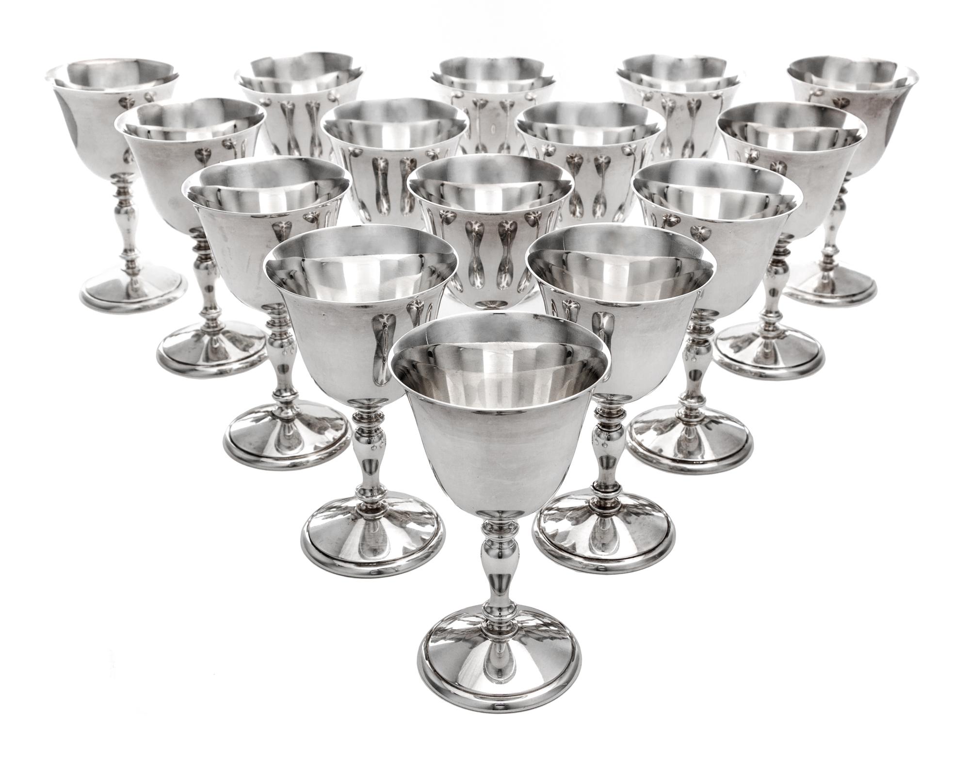 A Set of Fifteen American Cordial Cups, The Randahl Shop, Chicago, IL, each bell form cup set on a knopped baluster stem, raised on a c