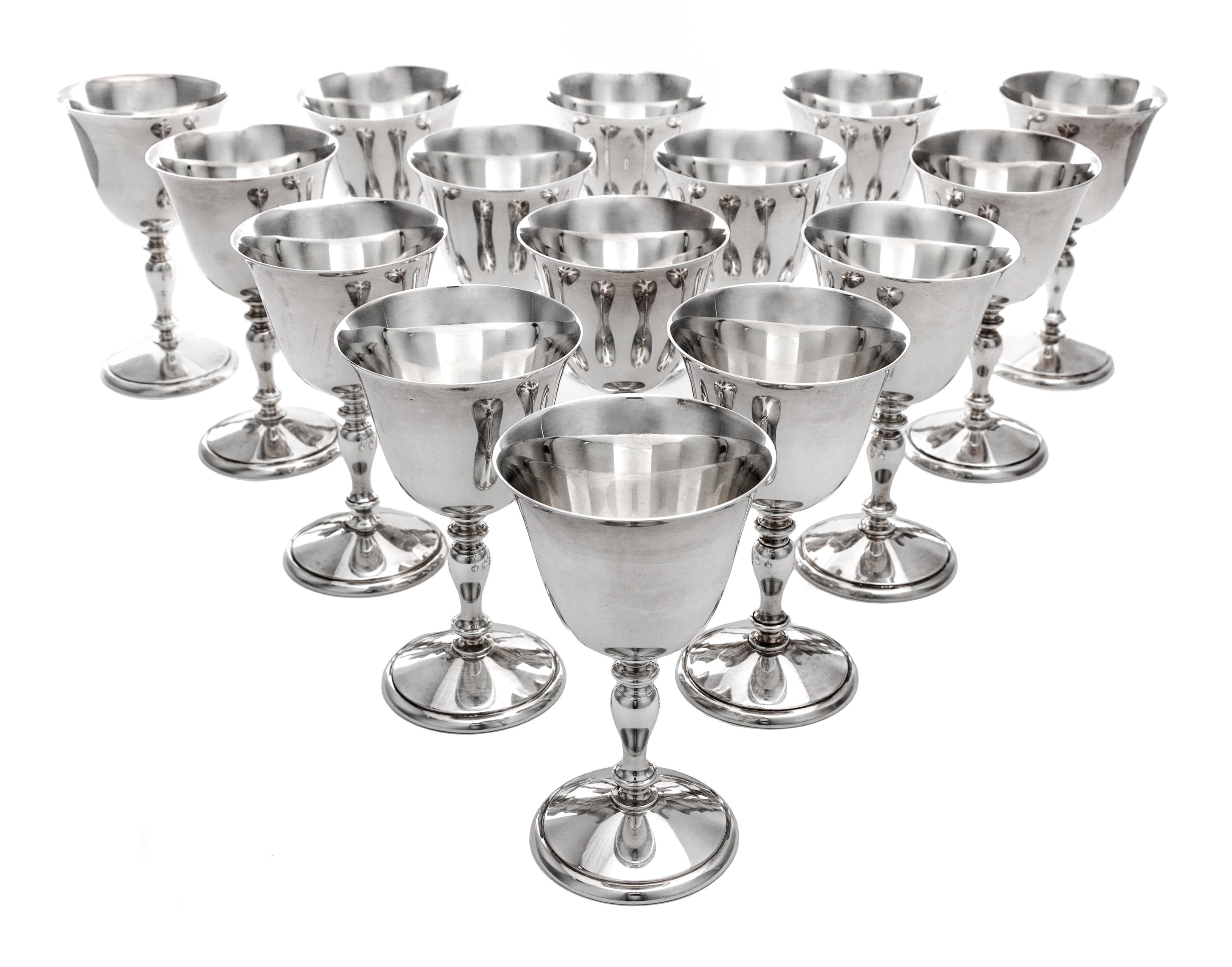 A Set of Fifteen American Cordial Cups, The Randahl Shop, Chicago, IL, each bell form cup set on a knopped baluster stem, raised on a c