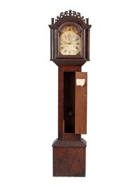 A Federal Carved and Grain Painted Pine Wooden Works Tall Case Clock
