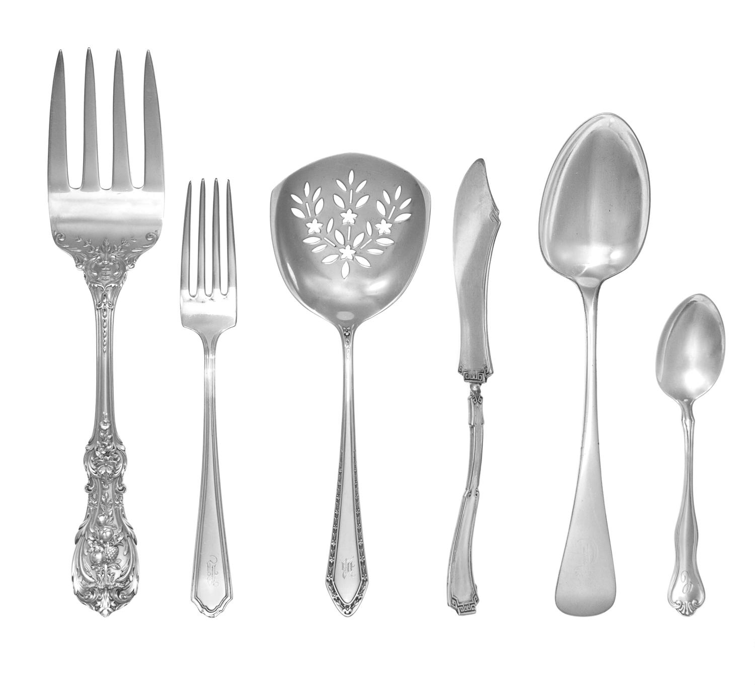 A Collection of American Silver and Silver-Plate Flatware Articles, Various Makers, comprising a Francis I pattern cold meat fork, four