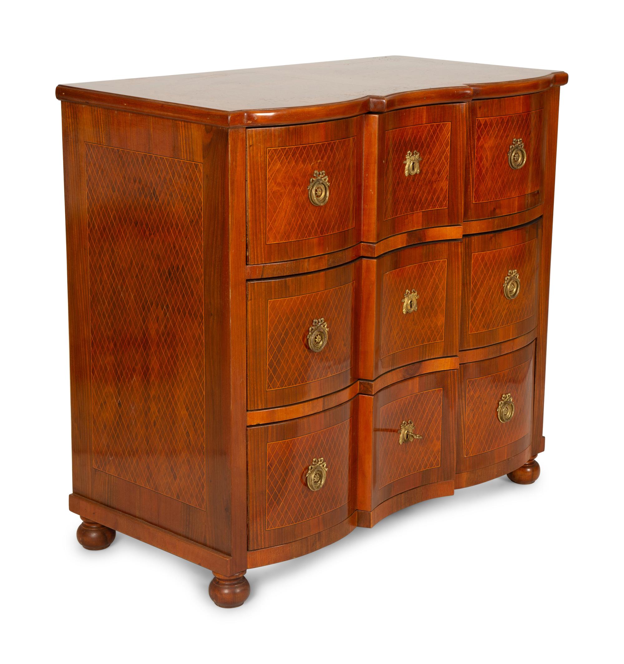 An Italian Baroque Style Parquetry Walnut Block Front Commode — 19th Century