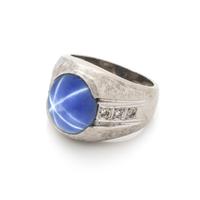 SYNTHETIC STAR SAPPHIRE AND DIAMOND RING