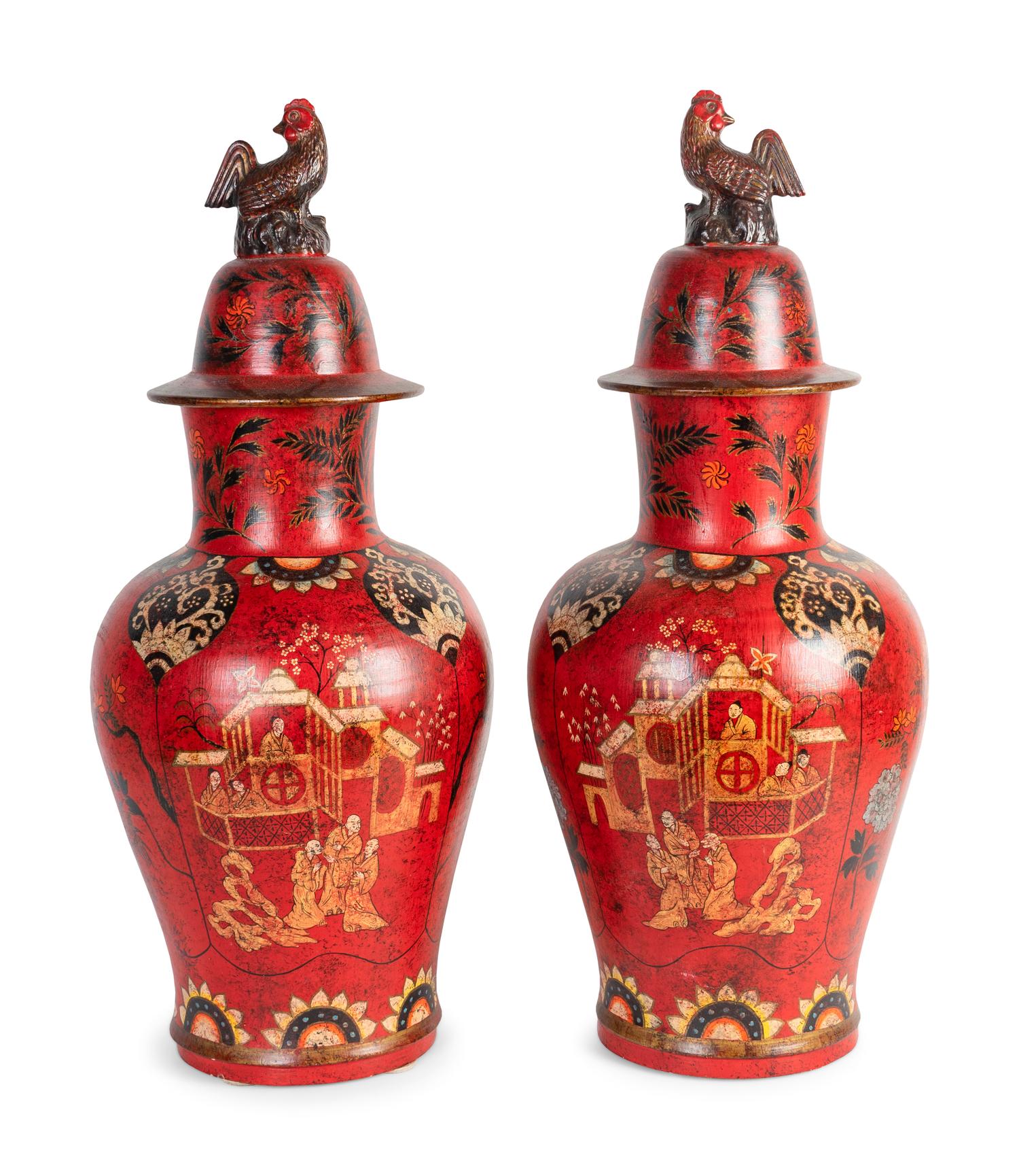 A Pair of Chinese Polychromed Ceramic Covered Jars — 20TH CENTURY