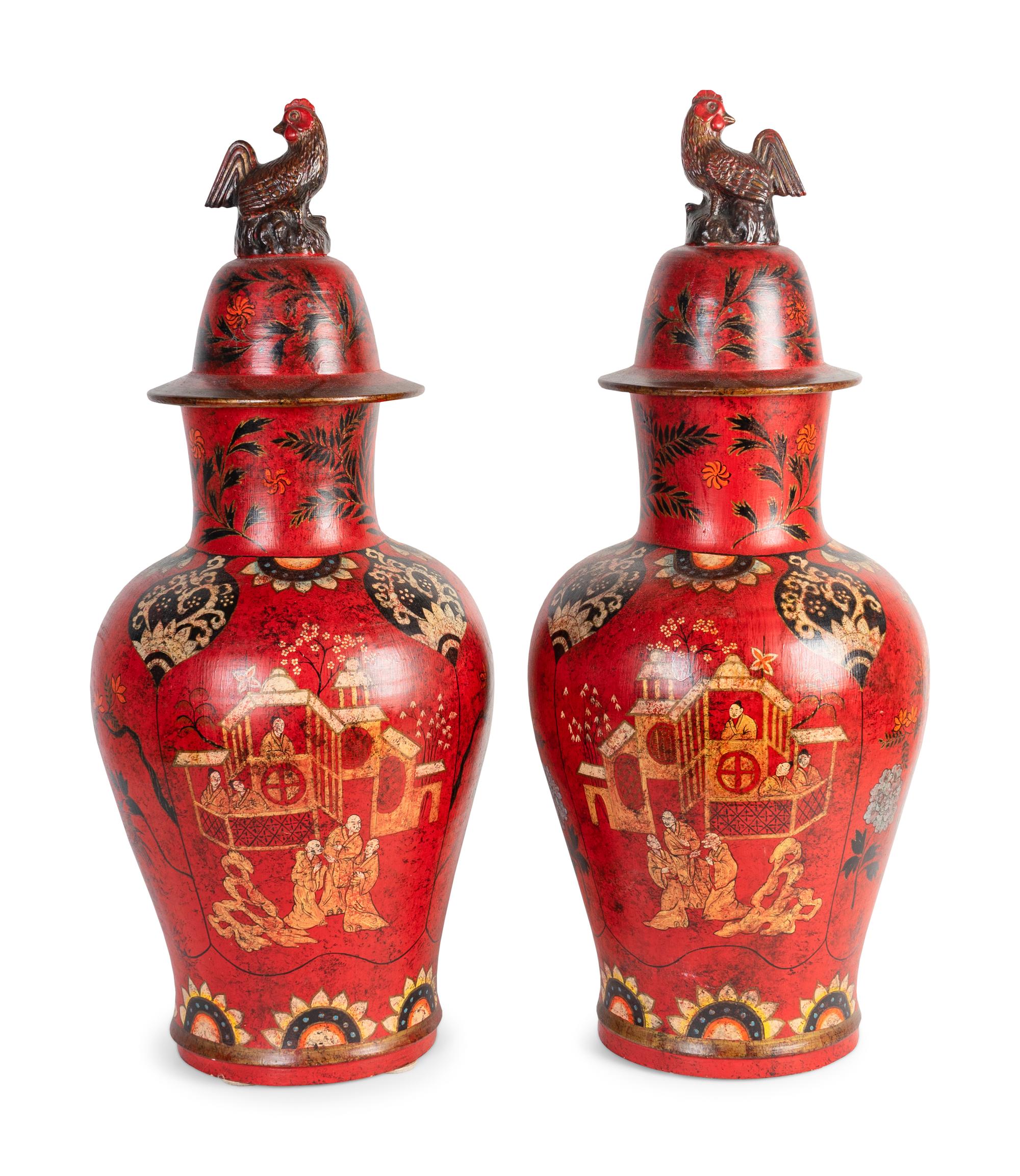 A Pair of Chinese Polychromed Ceramic Covered Jars — 20TH CENTURY