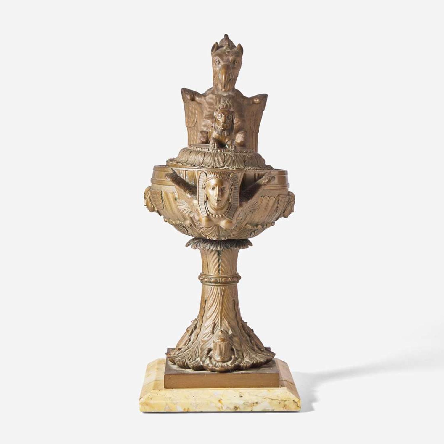 A Grand Tour Egyptian Revival bronze oil lamp on Giallo antico marble base Benedetto Boschetti (active c. 1820-1870), Rome, Italy, mid-19th century