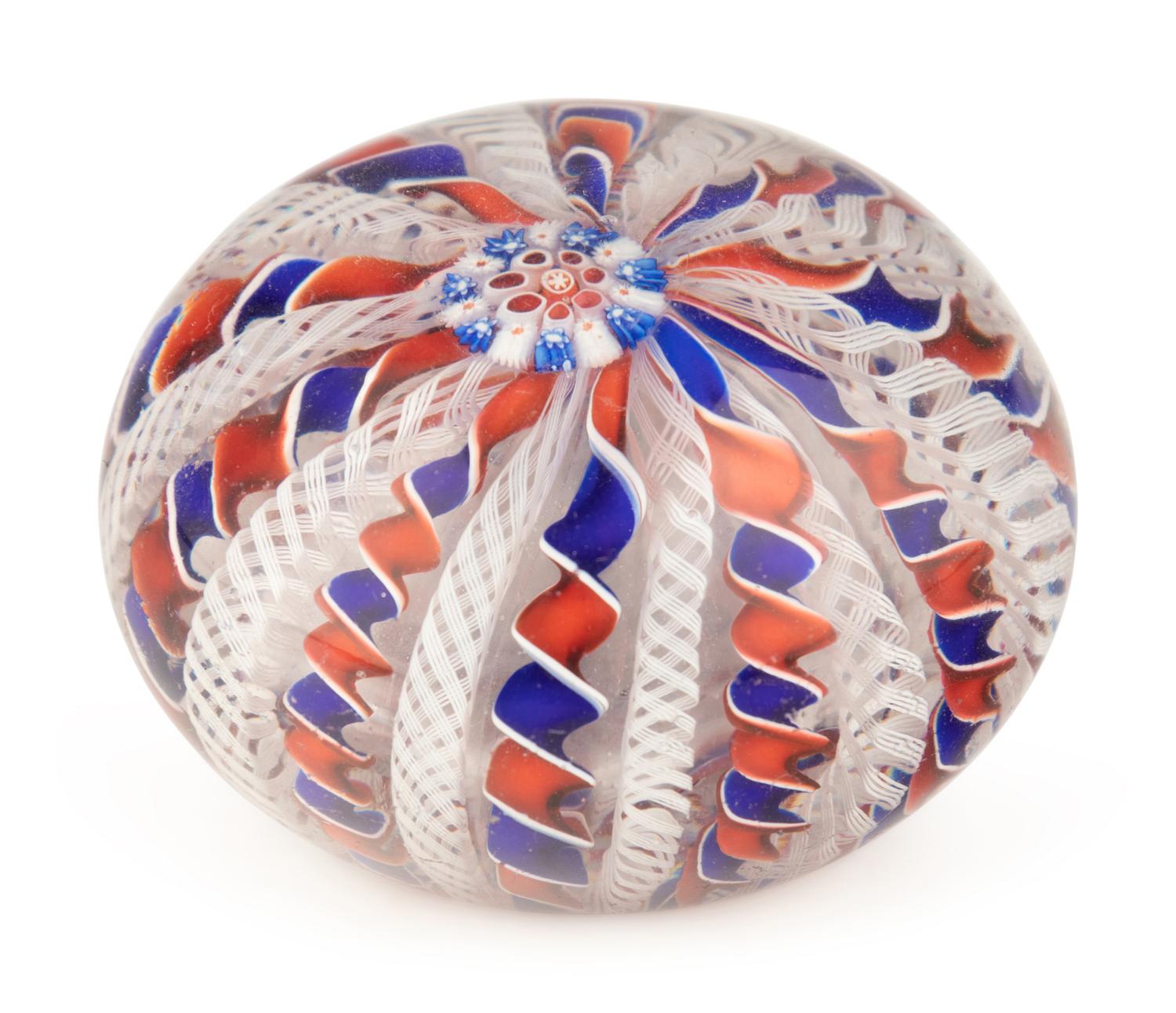 A Two-Color Ribbon and Latticino Twist Crown Glass Paperweight