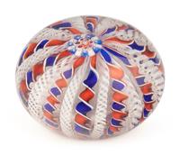 A Two-Color Ribbon and Latticino Twist Crown Glass Paperweight