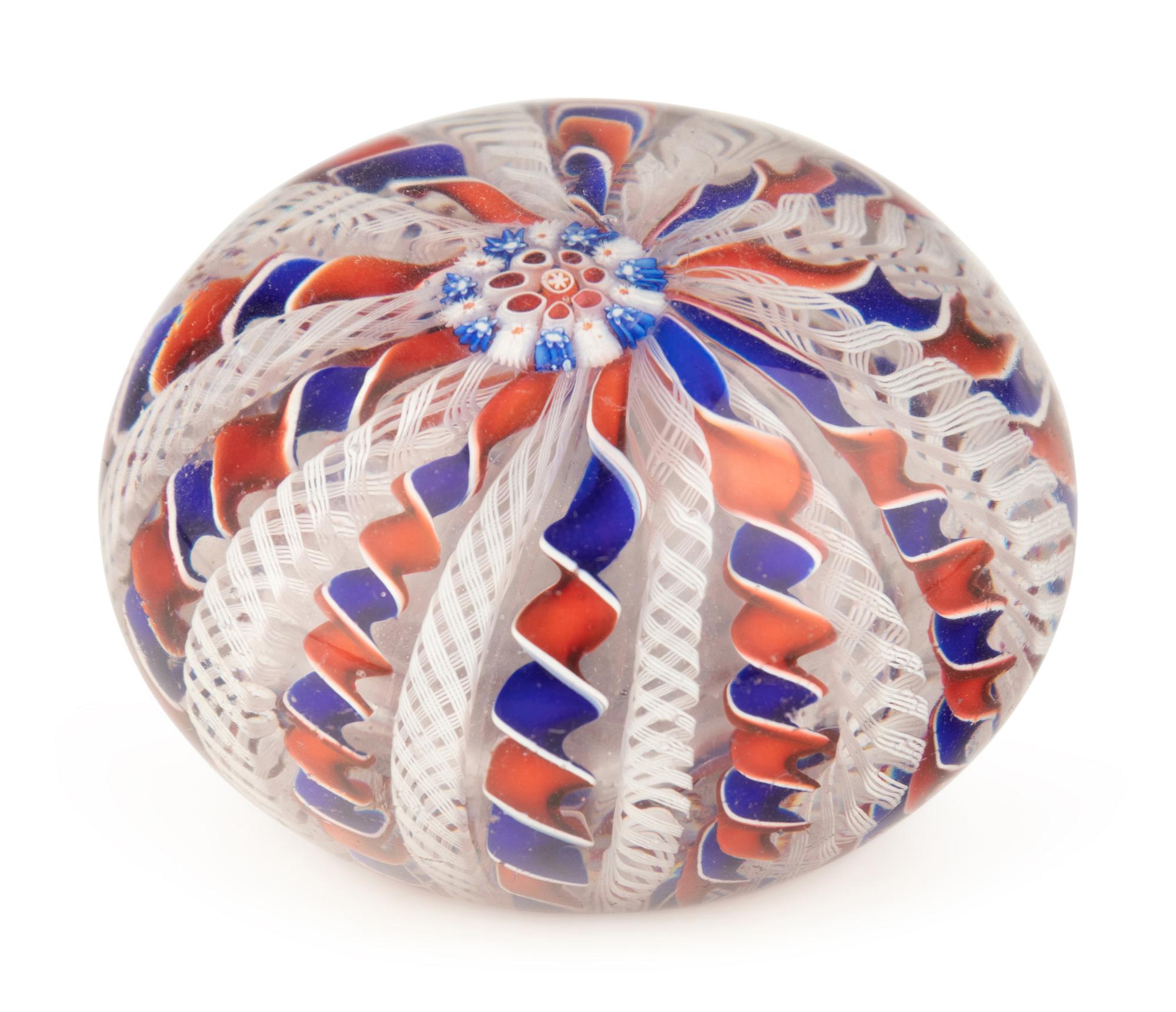 A Two-Color Ribbon and Latticino Twist Crown Glass Paperweight