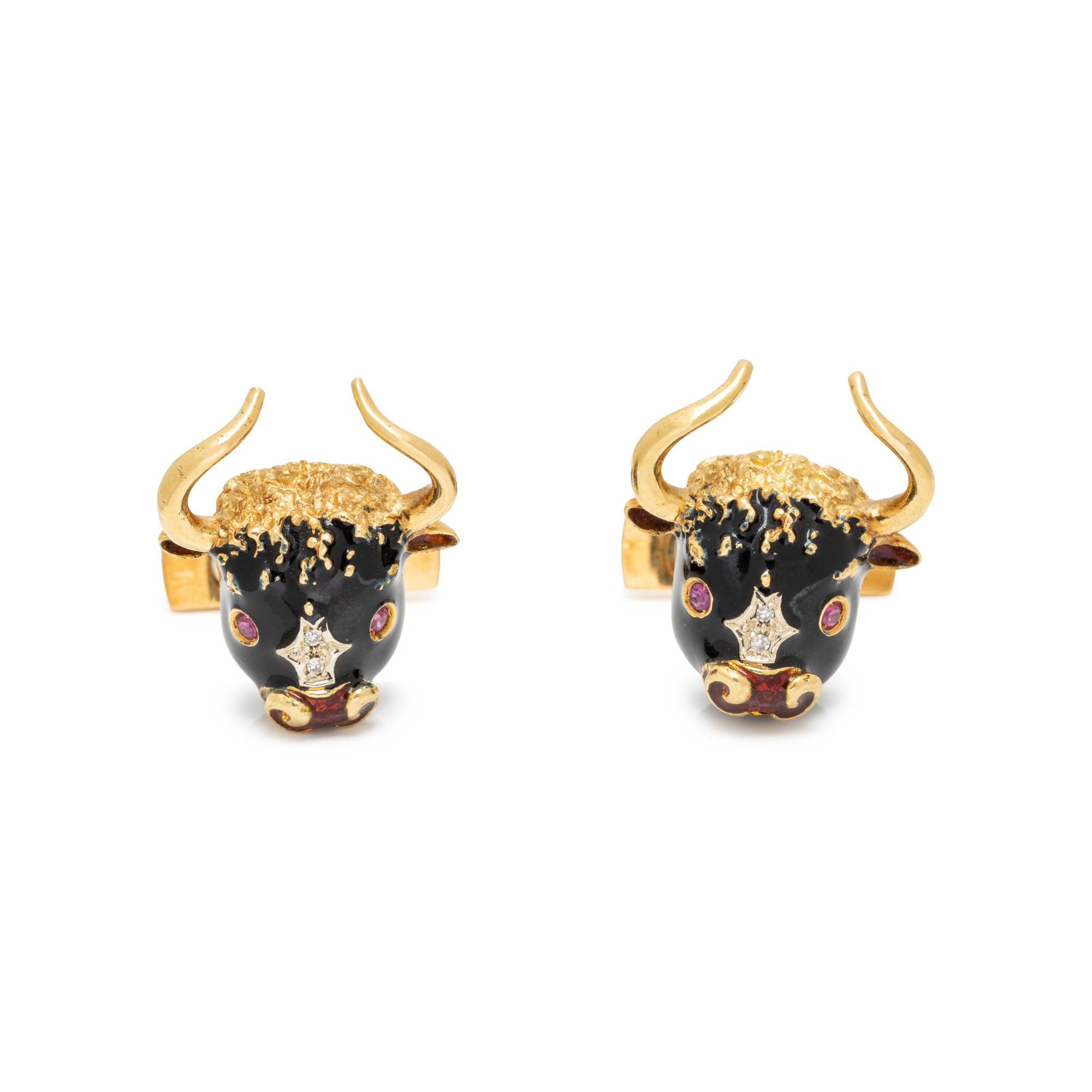 YELLOW GOLD, ENAMEL, DIAMOND, AND RUBY TAURUS CUFFLINKS