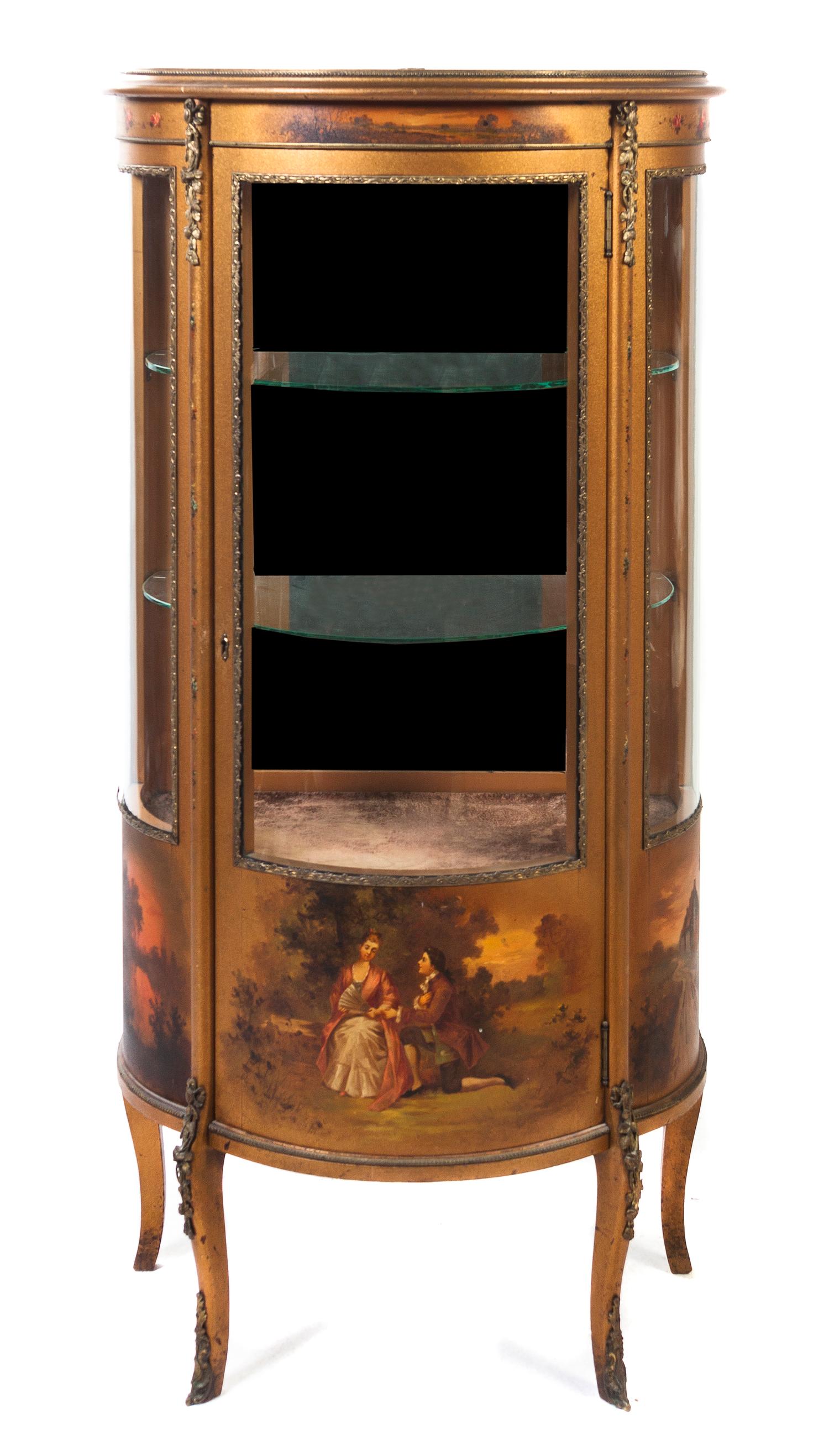 A Louis XV Style Vernis Martin Painted and Gilt Metal Mounted Vitrine, Height 55 1/4 x width 28 x depth 14 3/4 inches.