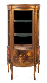 A Louis XV Style Vernis Martin Painted and Gilt Metal Mounted Vitrine, Height 55 1/4 x width 28 x depth 14 3/4 inches.