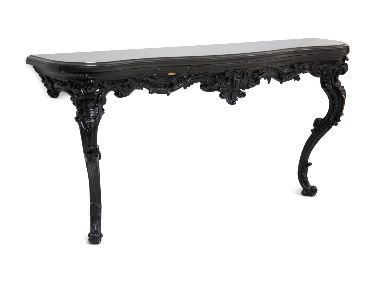 A Rococo Style Serpentine Black Painted Slate Top Console Table — 20th Century