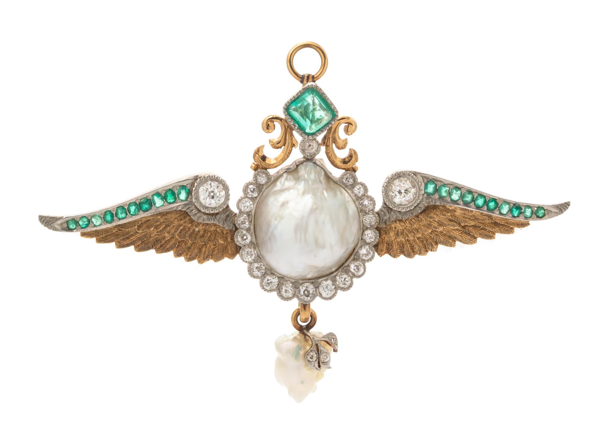 An Edwardian Platinum Topped Gold, Emerald, Diamond and Pearl Pendant/Brooch, 13.70 dwts.