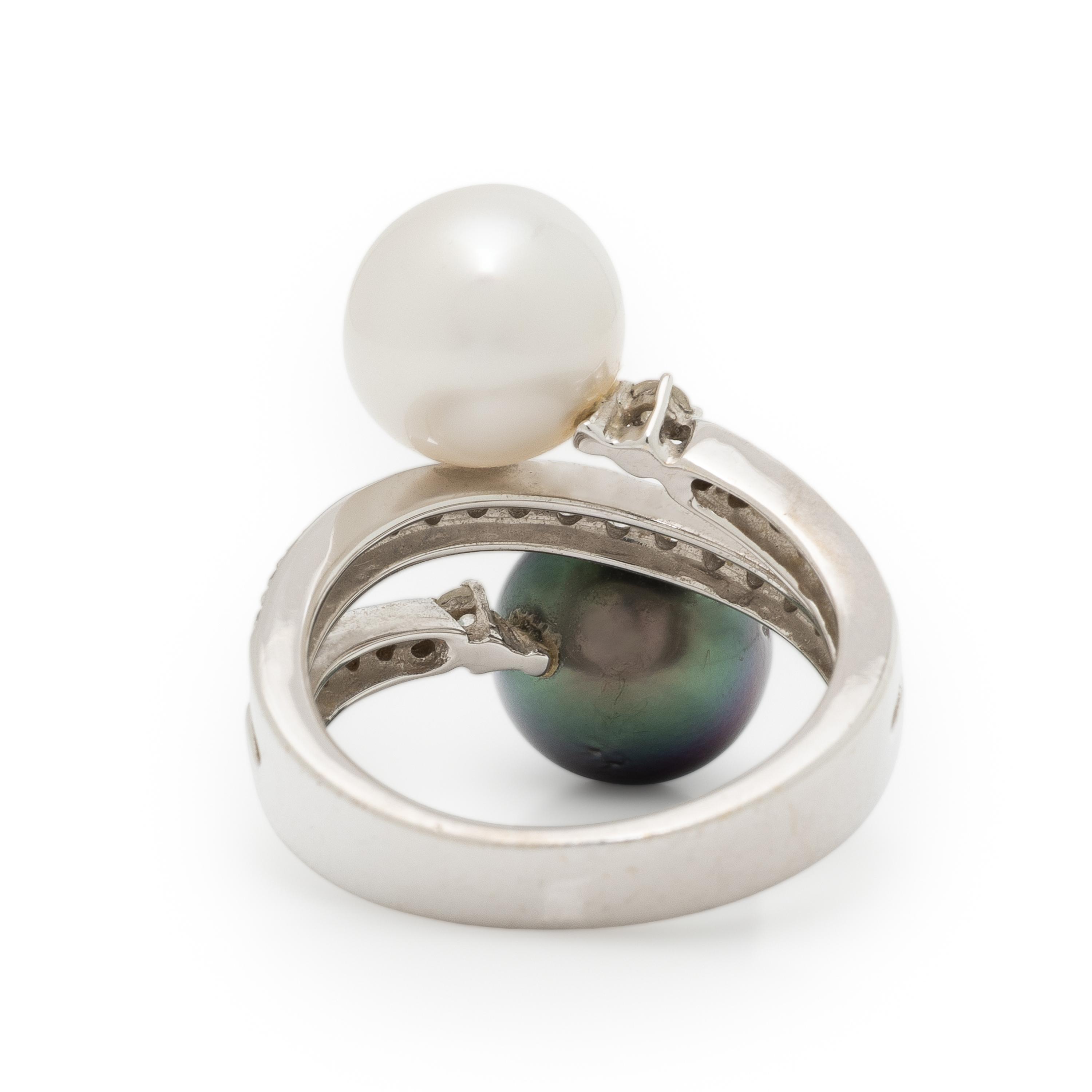 Cultured Pearl, Diamond, and White Gold Bypass Ring