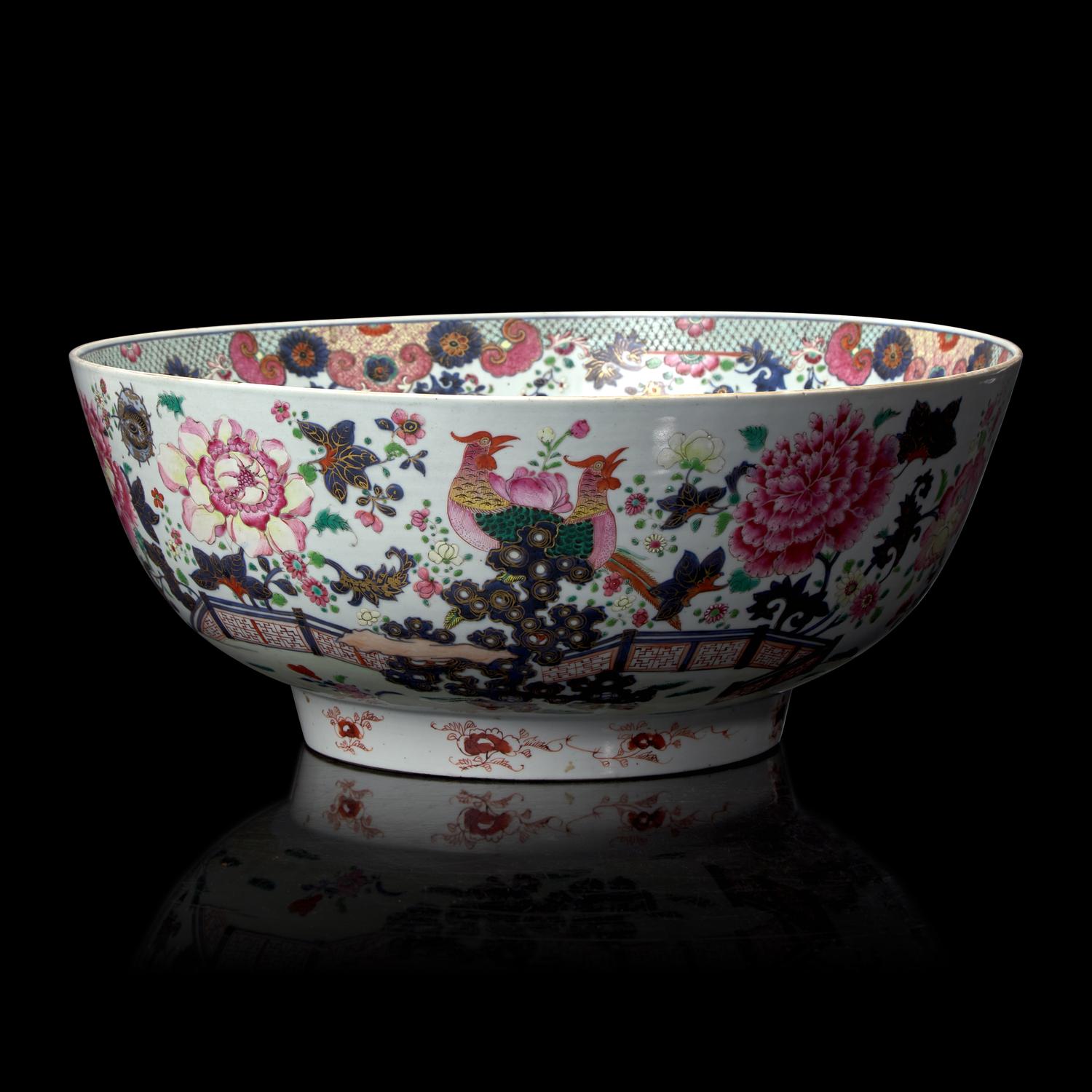 A Large Chinese Famille Rose 'Birds and Flowers' Punch Bowl, Qianlong Period 清乾隆 粉彩花鳥圖大碗
