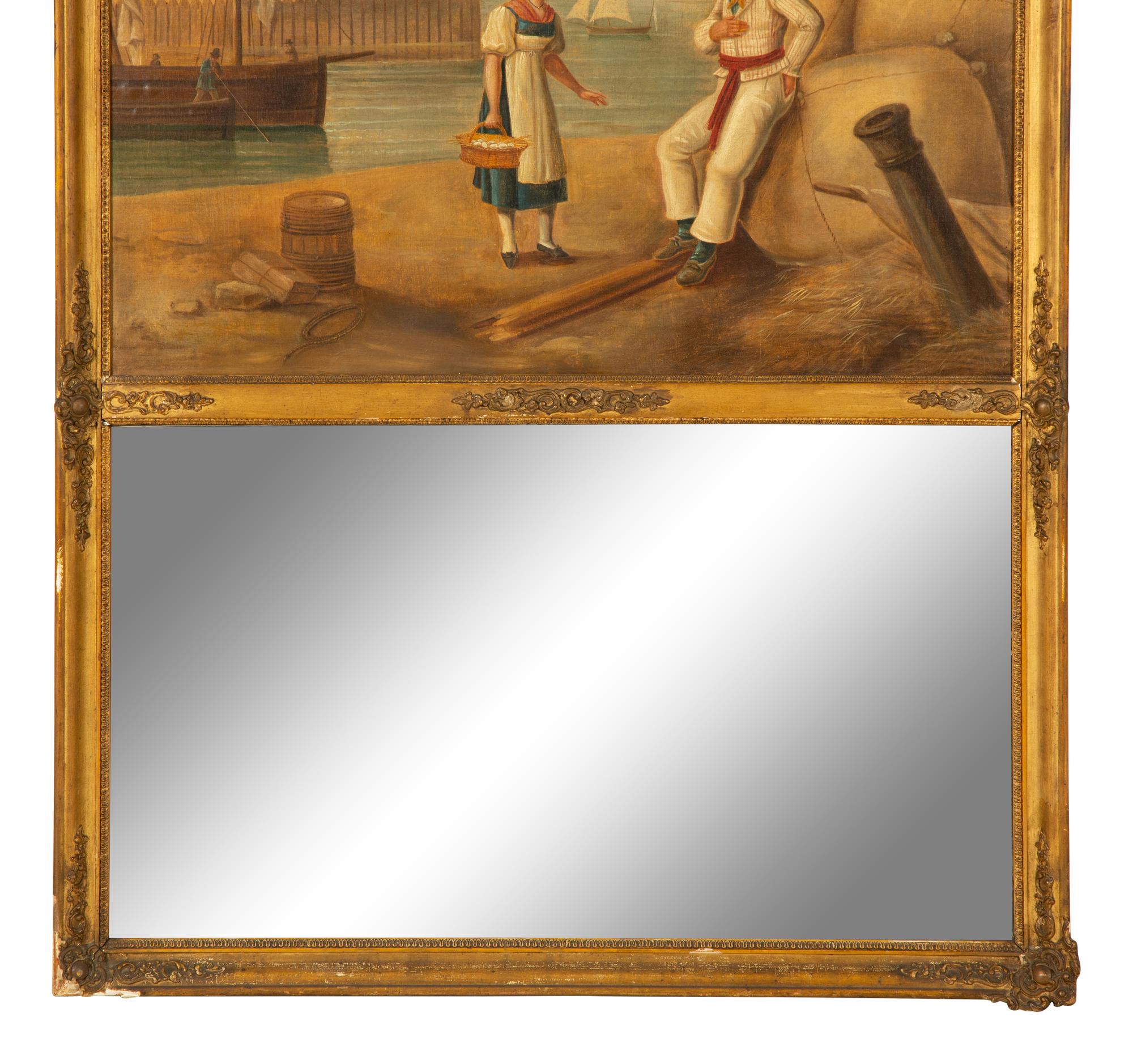 A Continental Gilt Framed Trumeau Mirror with an Oil on Canvas Panel — 19th Century