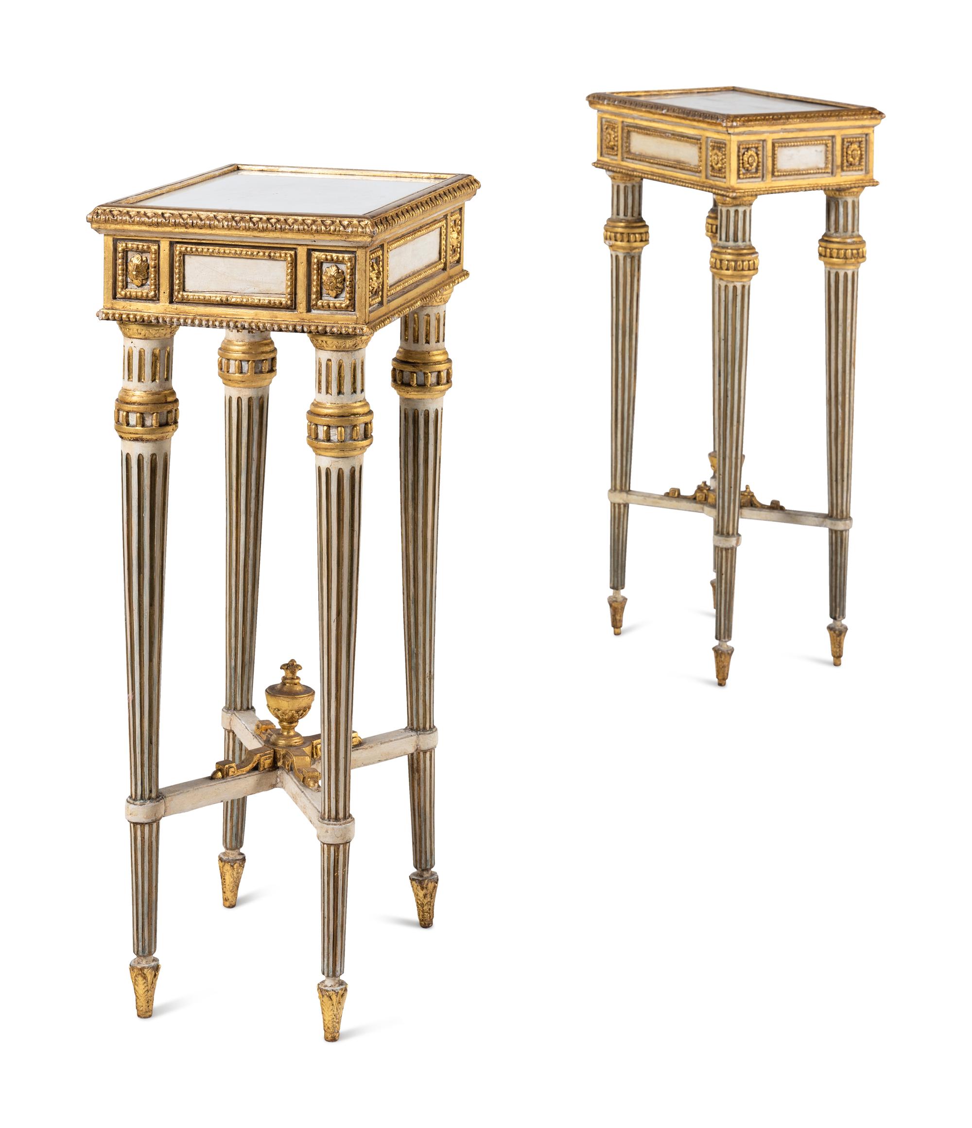 A Pair of North Italian Painted and Parcel-Gilt Marble-Top Side Tables