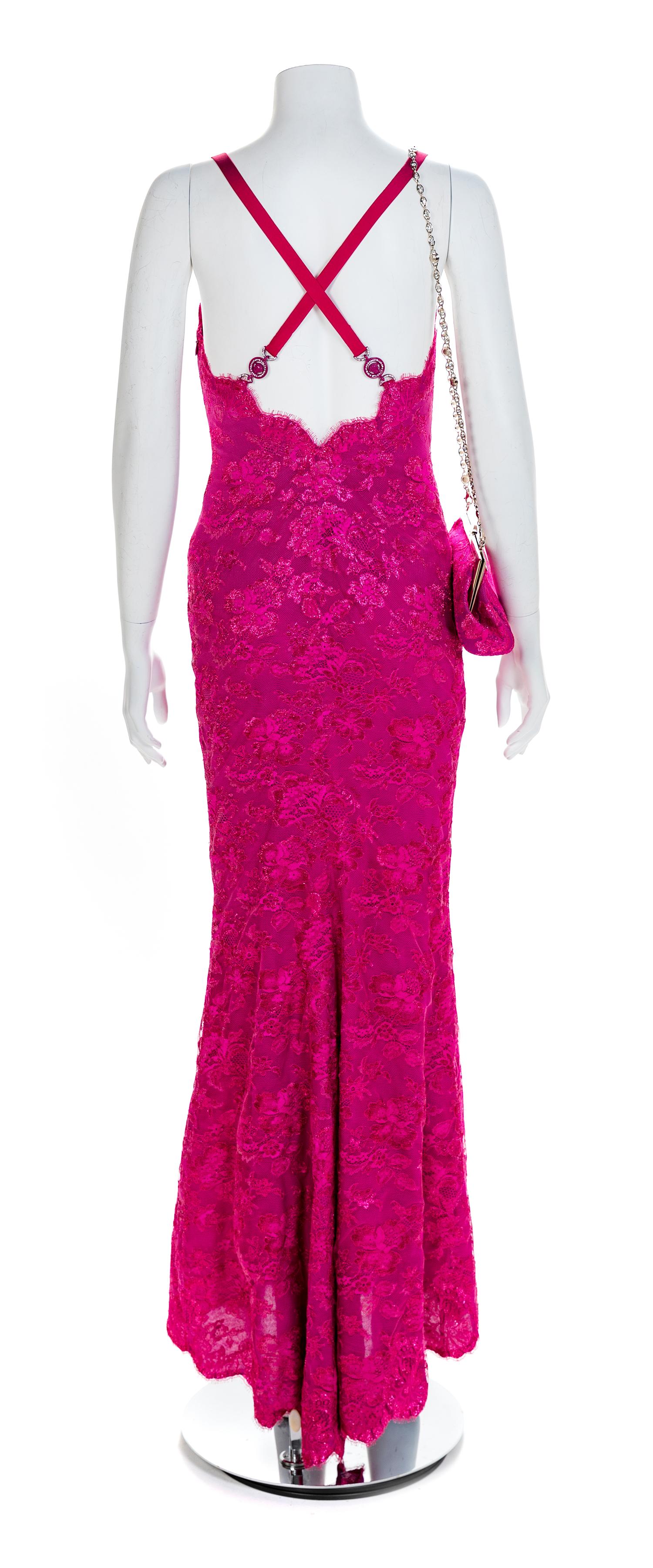 Atelier Versace Purple Lace Dress with matching shoes and bag, S/S 1996 Handbag: 8.25" L x 2.5" W x 4.75" H; shoes: 37.5.