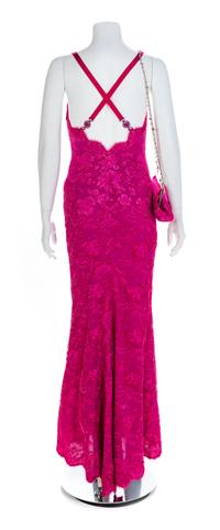Atelier Versace Purple Lace Dress with matching shoes and bag, S/S 1996 Handbag: 8.25" L x 2.5" W x 4.75" H; shoes: 37.5.