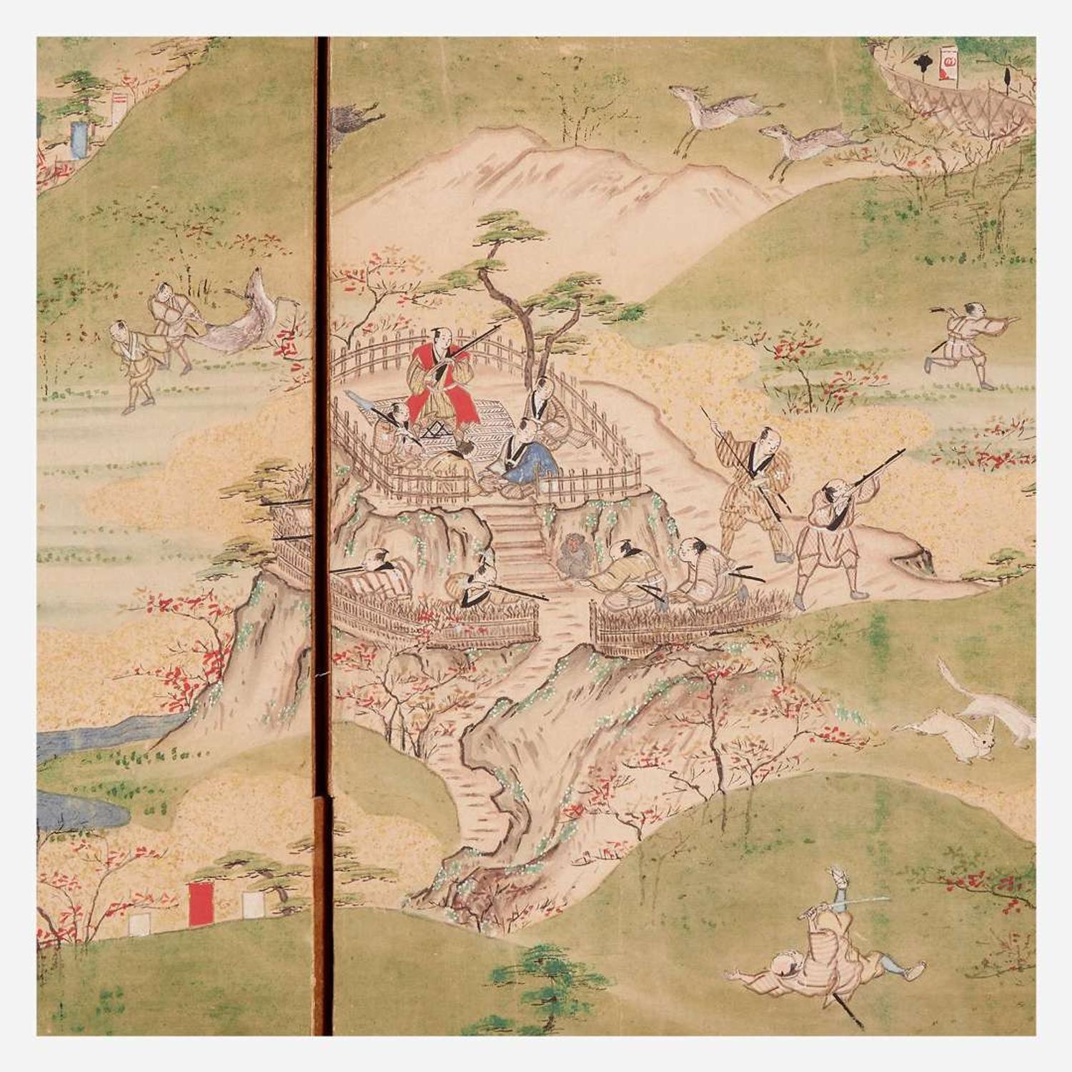 A Japanese six-fold screen depicting hunters in a landscape 日本狩猎图六开屏风 18th/19th century ???????