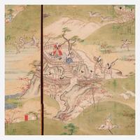 A Japanese six-fold screen depicting hunters in a landscape 日本狩猎图六开屏风 18th/19th century ???????