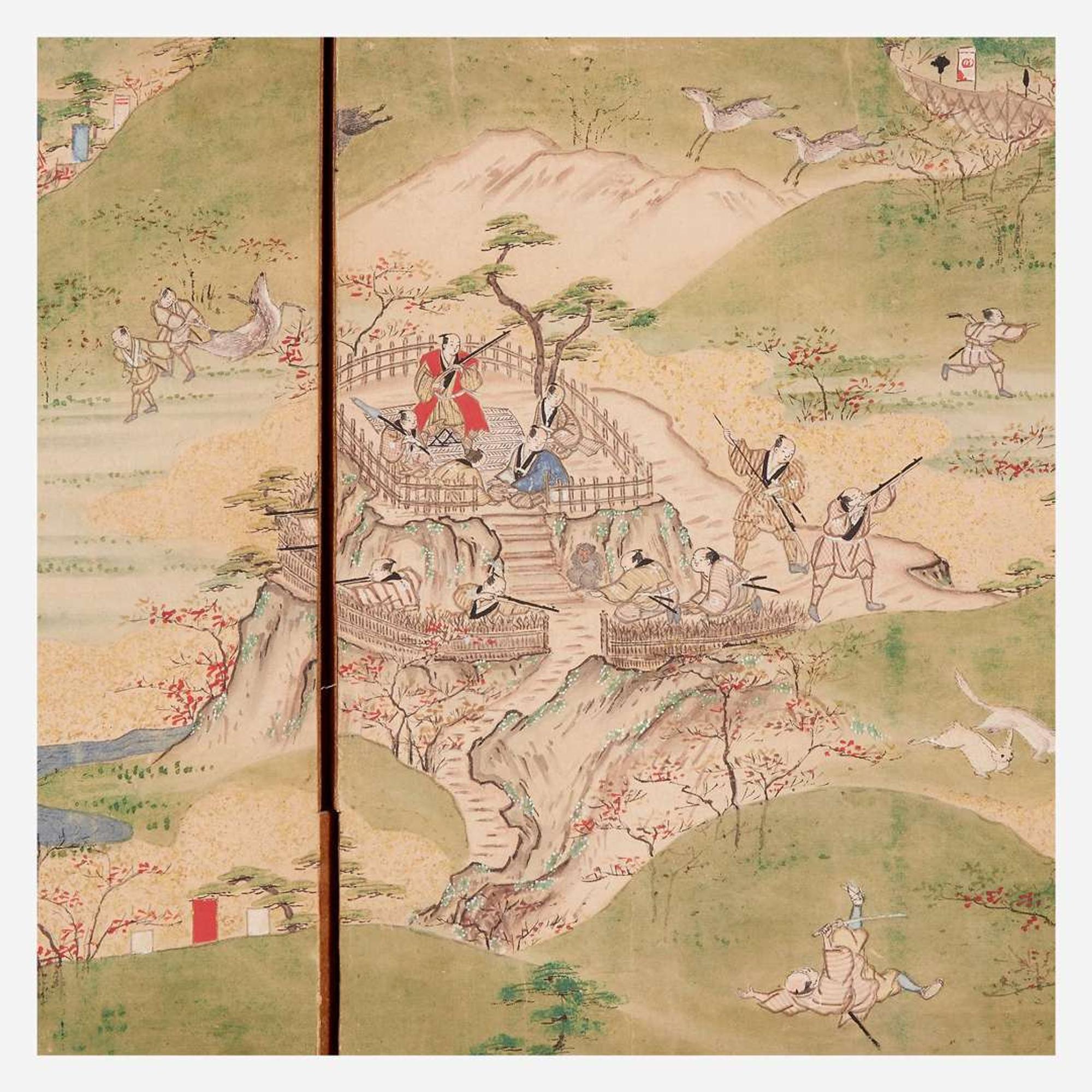 A Japanese six-fold screen depicting hunters in a landscape 日本狩猎图六开屏风 18th/19th century ???????