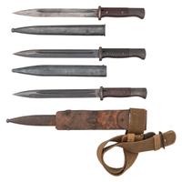 Lot of 3 WWII-era German M1884/98 Bayonets with Scabbards Including: Afrika Korps Belt, Frog, and Officer's Belt Buckle