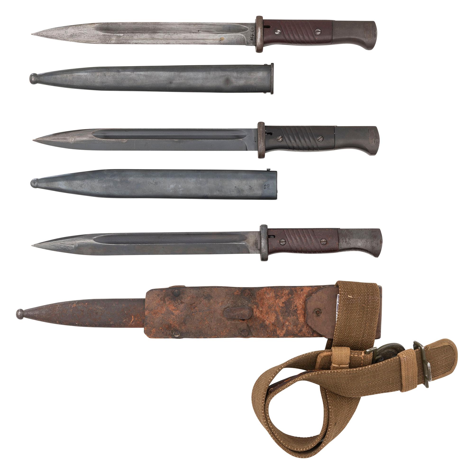 Lot of 3 WWII-era German M1884/98 Bayonets with Scabbards Including: Afrika Korps Belt, Frog, and Officer's Belt Buckle