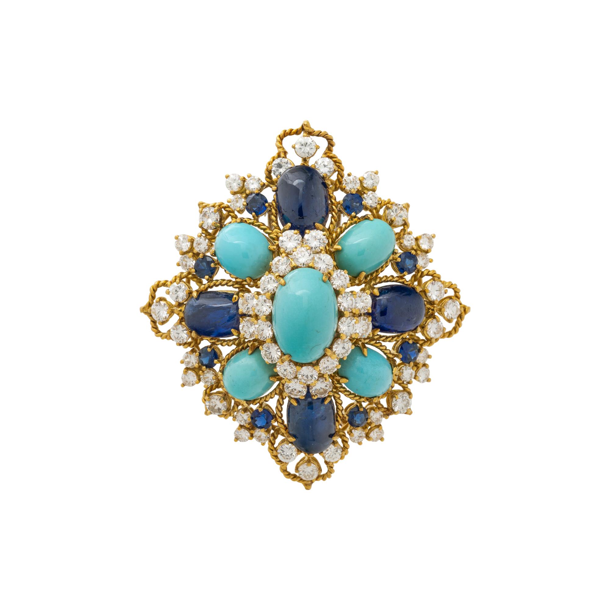 TURQUOISE, SAPPHIRE, AND DIAMOND BROOCH