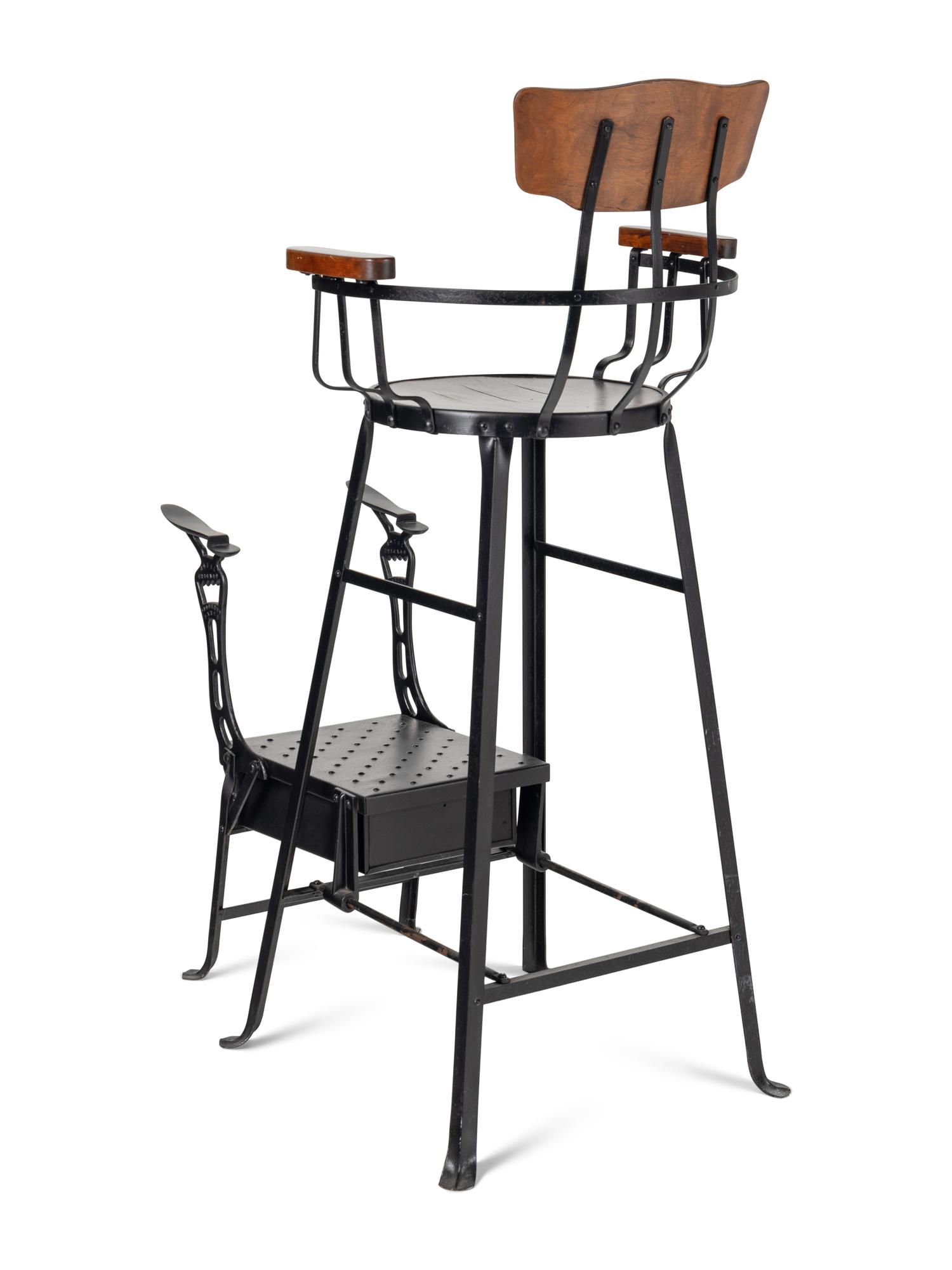 A Black-Painted Metal and Oak Shoeshine Chair