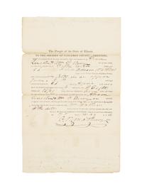 [LINCOLN, Abraham (1809-1865) and William F. BERRY (1811-1835)]. MATHENY, Charles R. Partially printed document, signed ("C.R. Matheny"). Springfield, Illinois, 7 May 1834.