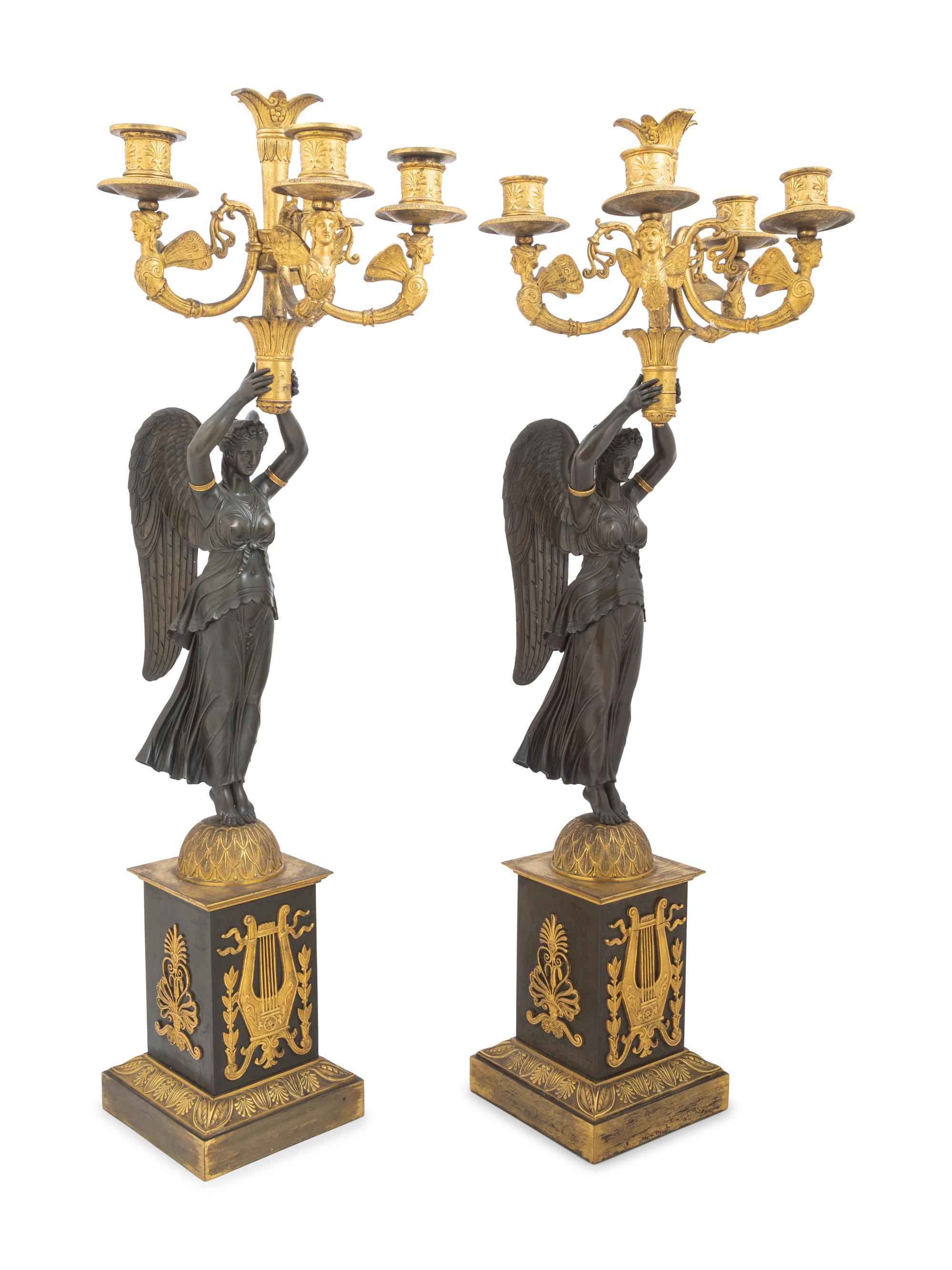 A Pair of Empire Ormolu and Patinated Bronze Figural Five-Light Candelabra