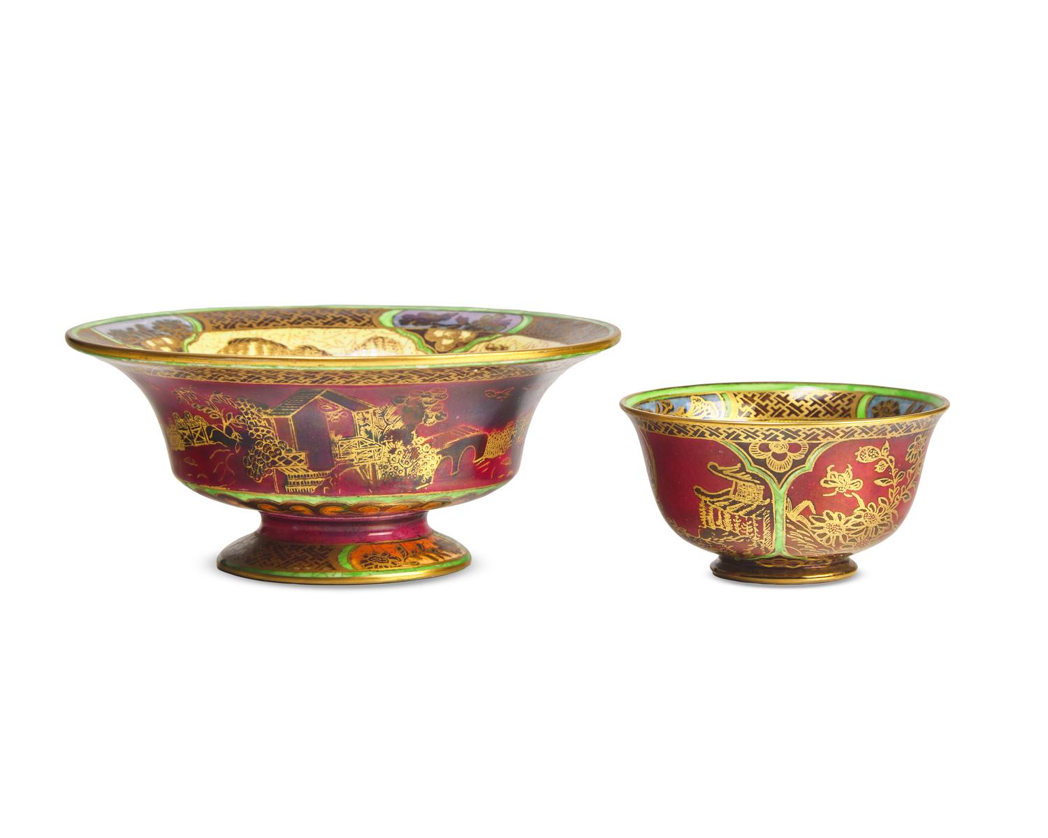 Two Wedgwood Fairyland Lustre 'Daventry' Parcel-Gilt Footed Bowls