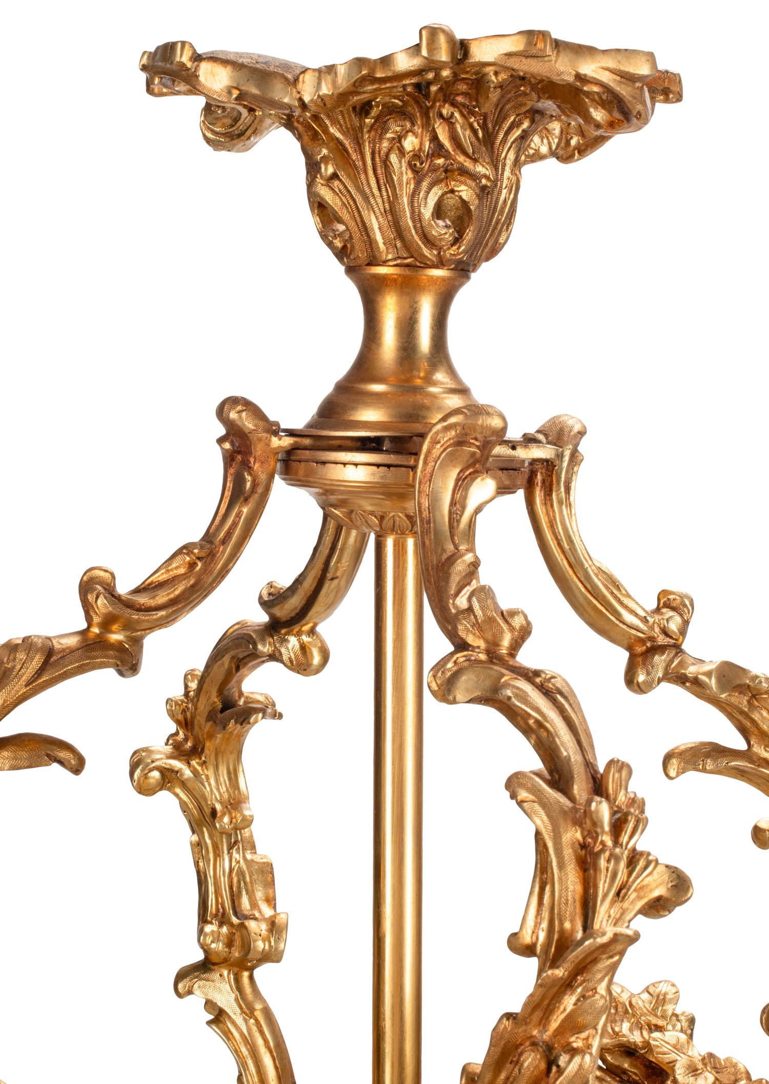A Pair of Louis XV Style Gilt Bronze and Etched Glass Hall Lanterns