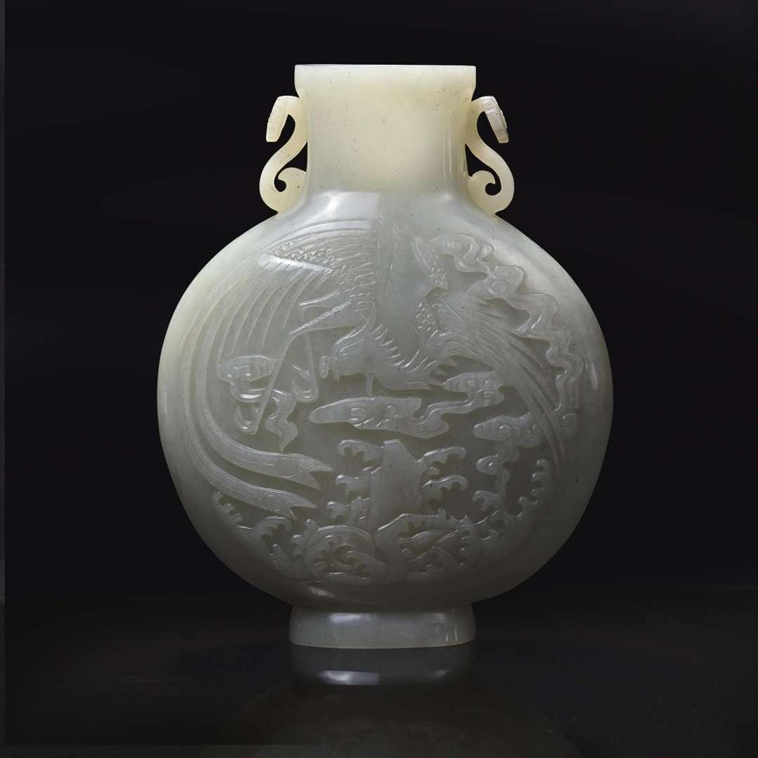 A Chinese carved celadon-grey jade "Dragon and Phoenix" moon-flask vase 青白玉龙凤纹抱月瓶