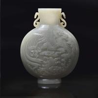 A Chinese carved celadon-grey jade "Dragon and Phoenix" moon-flask vase 青白玉龙凤纹抱月瓶
