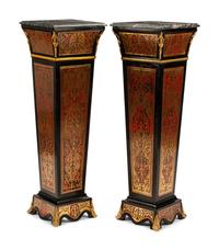 A Pair of Louis XVI Style Boulle Marquetry Marble-Top Pedestals