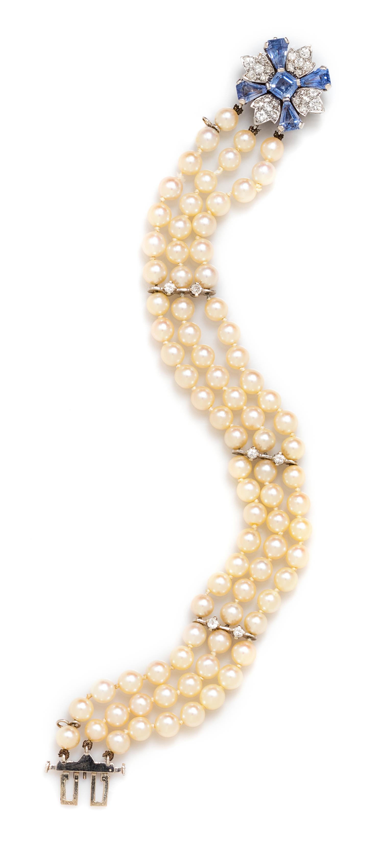 A White Gold, Sapphire, Diamond and Cultured Pearl Multistrand Bracelet, 19.00 dwts.