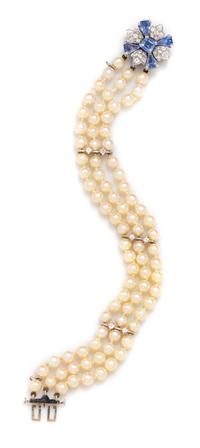 A White Gold, Sapphire, Diamond and Cultured Pearl Multistrand Bracelet, 19.00 dwts.