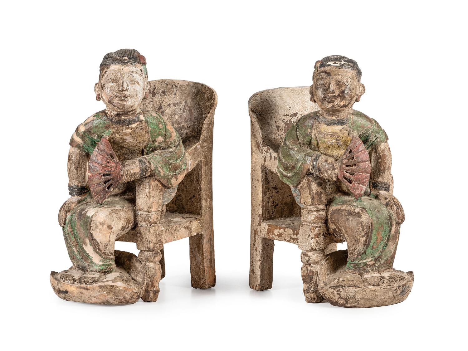 A Pair of Chinese Carved and Polychrome Painted Wood Figures