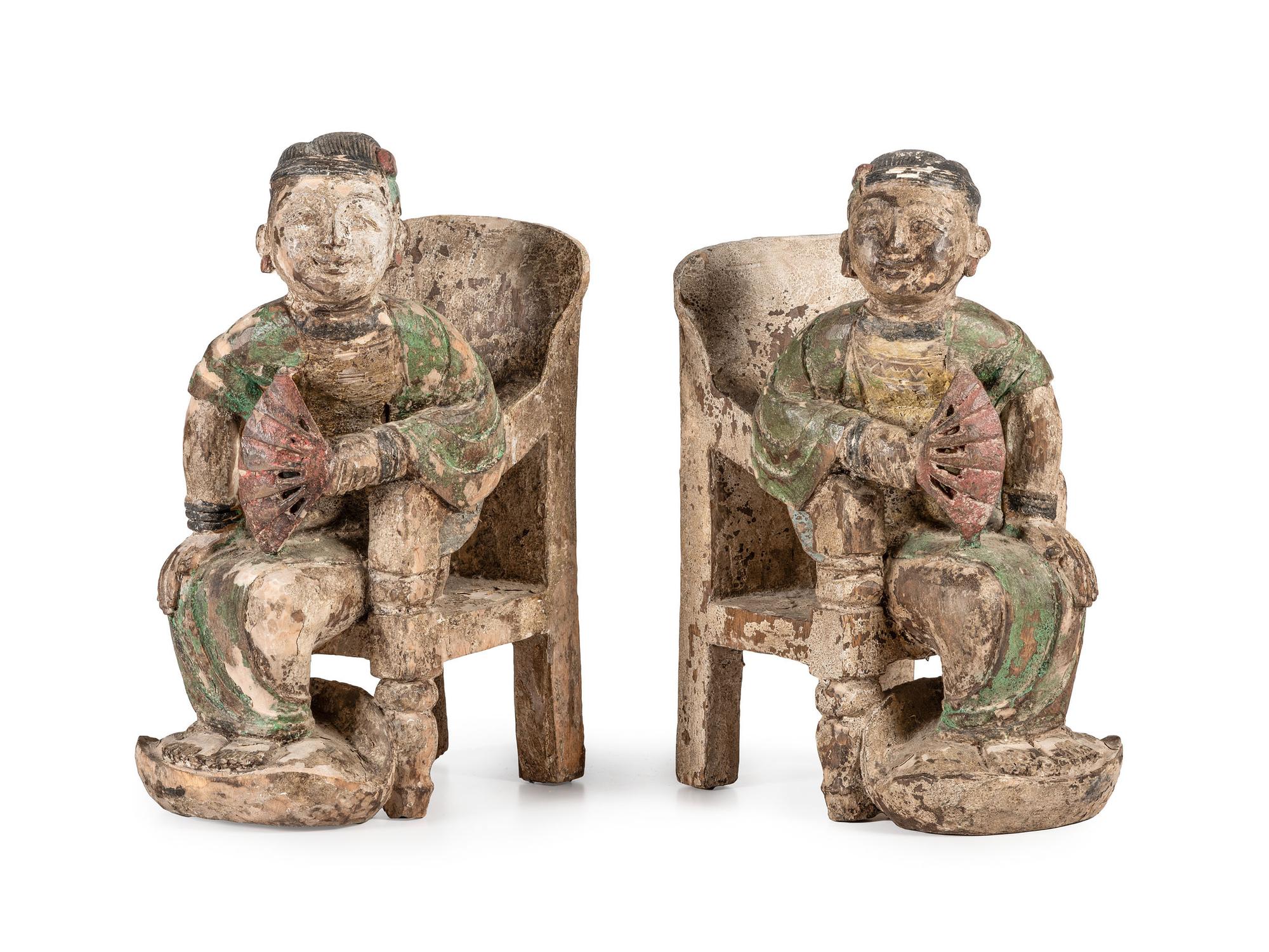 A Pair of Chinese Carved and Polychrome Painted Wood Figures