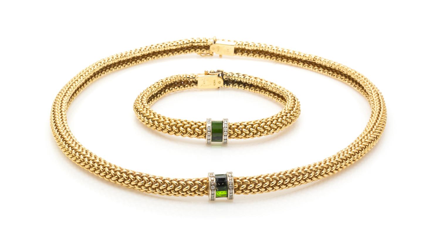 An 18 Karat Bicolor Gold, Green Tourmaline and Diamond Demi Parure, 71.90 dwts.