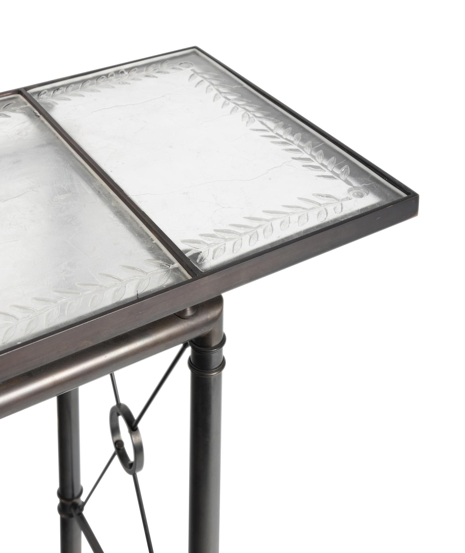 A Pair of Etched Glass-Top Patinated Metal Console Tables